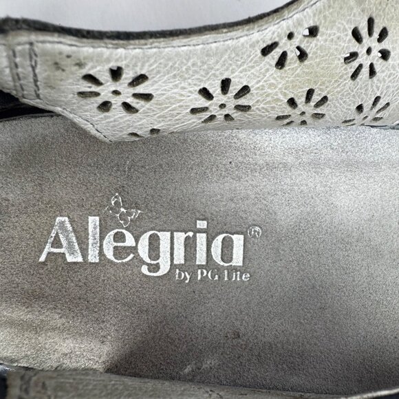 Alegria Womens Sz 8/8.5 Slip Resistant Navy Blue Leather Floral Laser Cut Mary J - Picture 3 of 11
